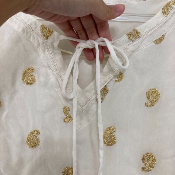 Charter Club size XL Cream Gold Paisley Tie Front Soft Comfy Feminine Blouse - Picture 5 of 9